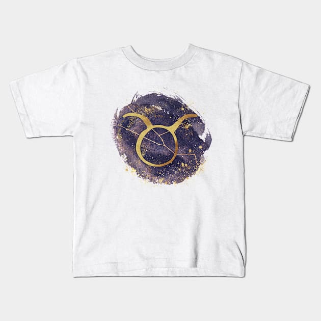 Taurus gold symbol with constellation on watercolor Kids T-Shirt by Darkstar Designs